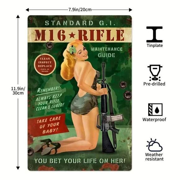 Tin Metal Sign • Marine Corp • Army • Pinup Girl Holding M16 Rifle •World War II - Picture 2 of 10